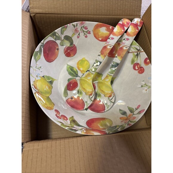 3pc Set Melamine Salad Bowl & Serving Spoons Apples Lemons Picnic Beach BBQ Rare - Picture 2 of 12